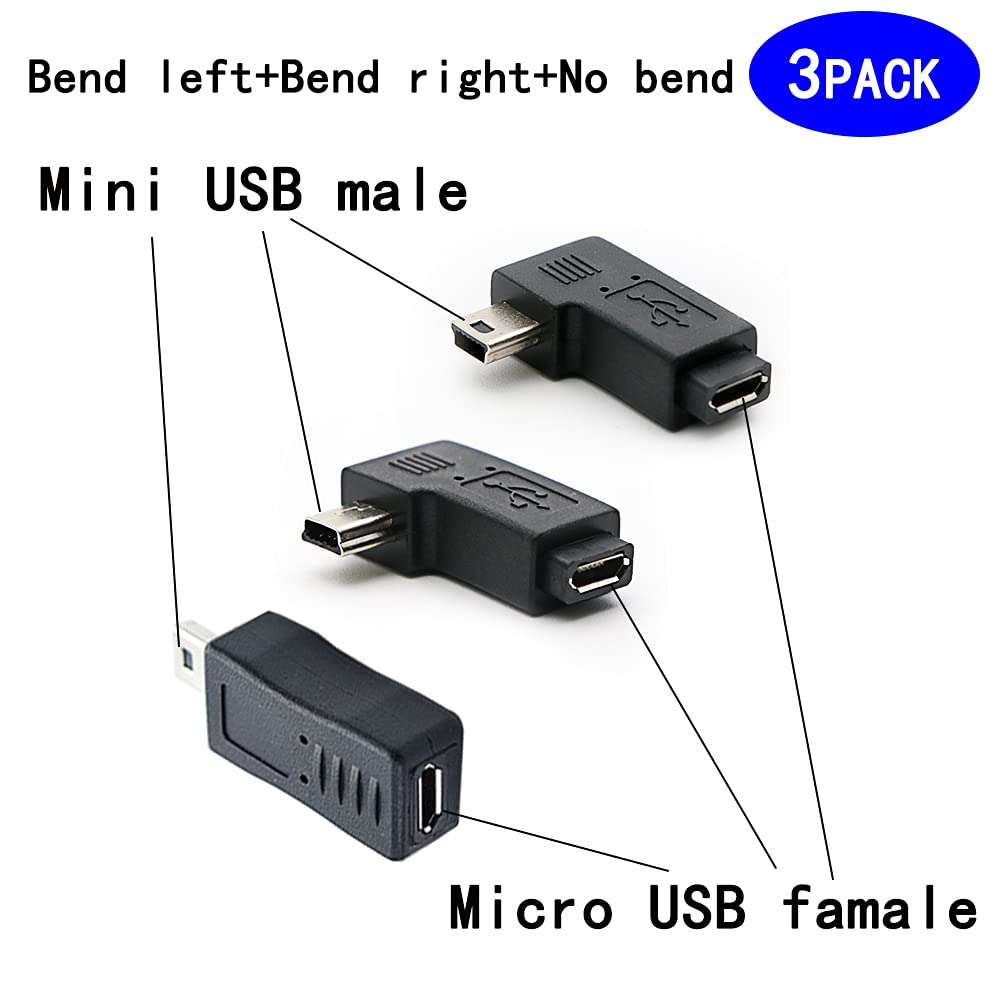 rgzhihuifz 90 Degree Left & Right Angle Mini USB Male to Micro USB Female Connector Adapter 3-Pack