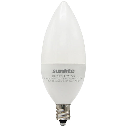 Sunlite LED B11 Frosted Chandelier CTF Light Bulb, 4.5 Watts (40W=), 300 Lumens, 120 Volts, Dimmable, Candelabra E12 Base, 90 CRI, ETL Listed, Torpedo