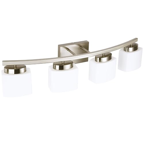 Dosoty 4-Light Brushed Nickel Vanity Light Fixture with White Glass Shade for Bathroom Over Mirror, 31.5 Inches