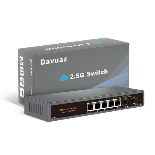 Davuaz 2.5G Unmanaged Ethernet Switch, 5 x 2.5G Base-T Ports, 2 x 10G SFP+ Uplink Ports, 100/1000/2500Mbps Compatible, Fanless Plug & Play, Metal