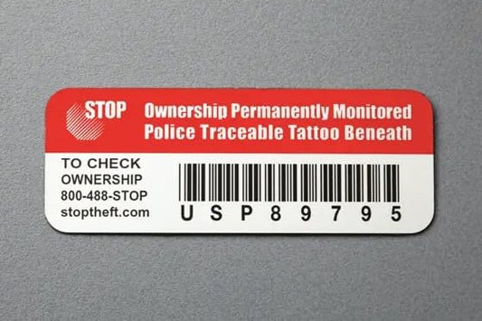 Stop Security Plate (Small) - Anti-Theft ID Tag and 24/7 Recovery Service for Laptops, Tablets, Cell Phones and Other Devices. Made in USA.