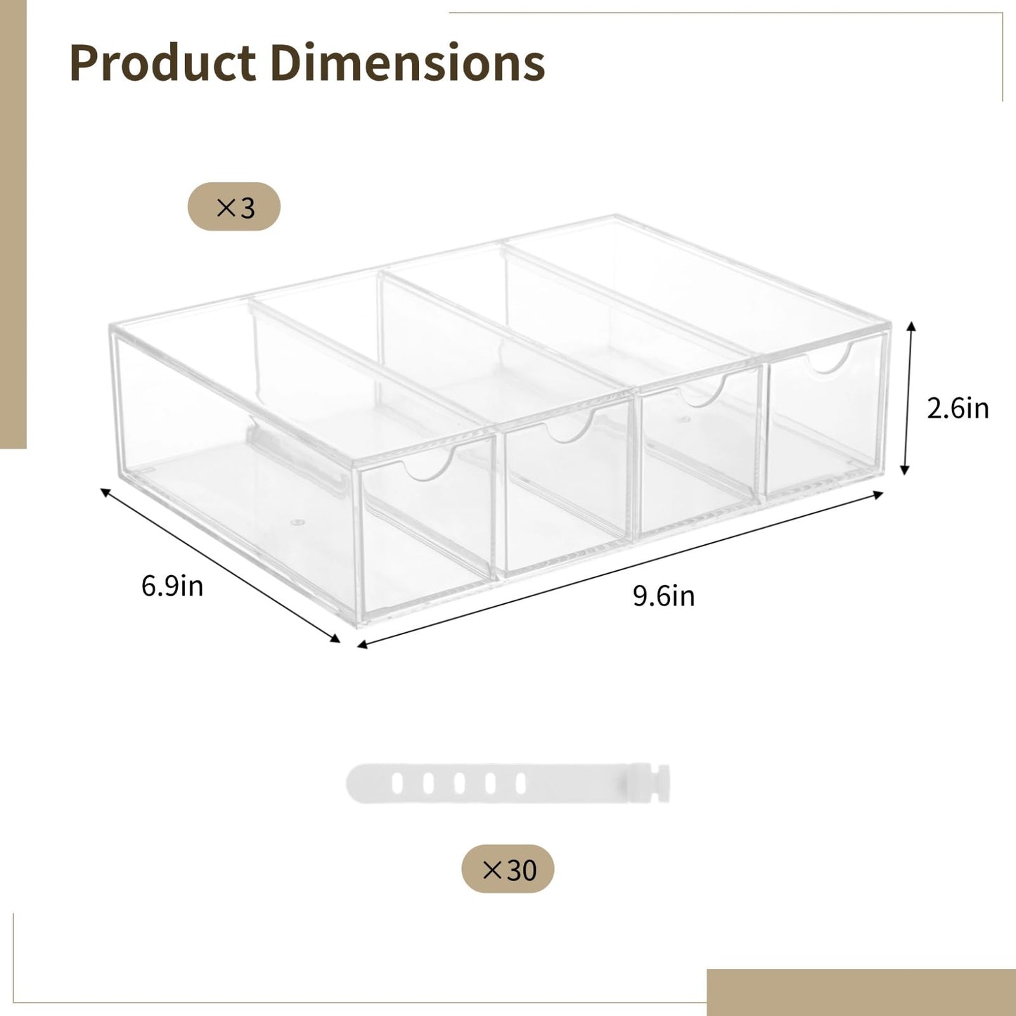 3 Pack 4-tier Clear Plastic Cable Organizer Drawer, Acrylic Sunglasses Organizers, Cable Management Box, Power Cord Storage Boxes with 30 Elastic