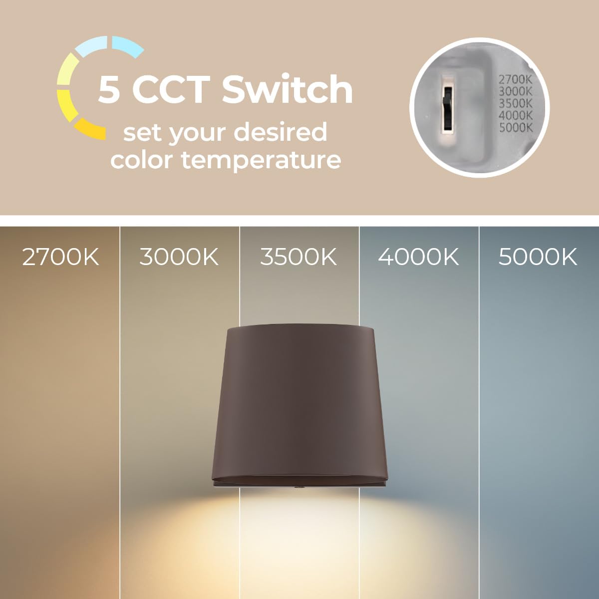 East Grove Home Sentinel 7in LED Indoor or Outdoor Wall Light 15W 550 Lumens 5-CCT Selectable 2700-3000-3500-4000-5000K in Bronze Finish