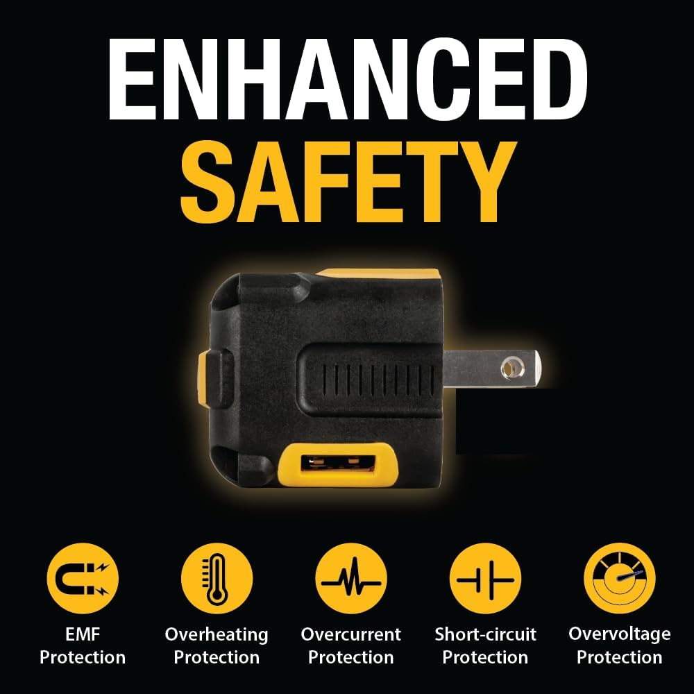 DEWALT Heavy Duty NeverBlock USB Charger, Angled Dual Port 12W Wall Charger Adapter, Foldable Plug, Charging Box Brick, Cube for iPhone 17 16 15 14 13