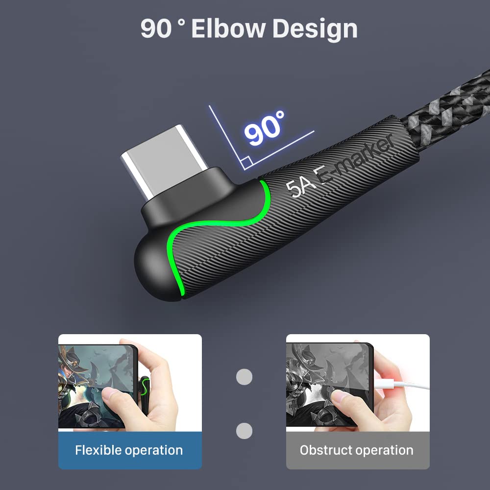 WOTOBEUS USB C to USB C Cable (2-Packs,10ft+3ft), with LED Rainbow Flow 7 Colors, 5A PD 100W PPS 45W Super Fast Charging Cable Right Angle, for iPhone