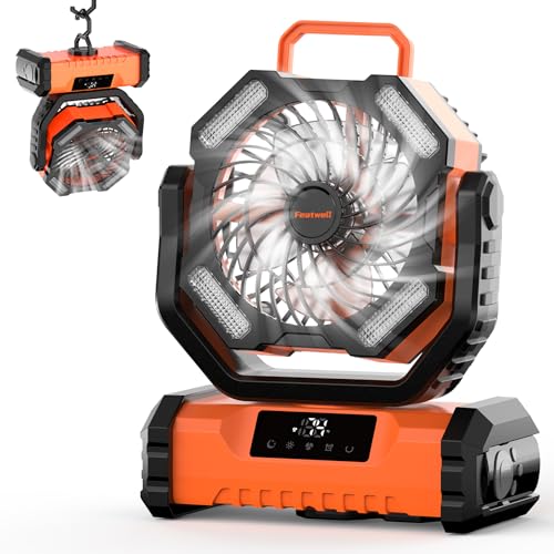 Featwell 20000mAh Portable Fan with Touch Screen, 5-Speed Strong Airflow LED Camping Fan, Ventilador Recargable with Remote for Tent, Camping, Indoor