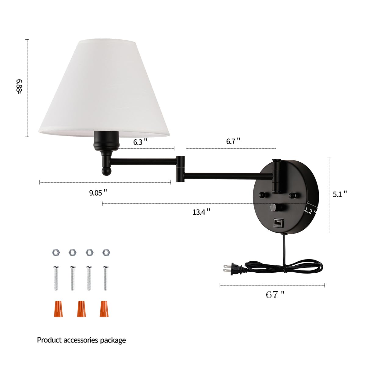 PFQCGU Swing Arm Wall Sconces, Plug-in Wall lamp,Bedroom Wall lamp ? White Fabric Shade??with dimmable Switch and USB Charging Port, Suitable