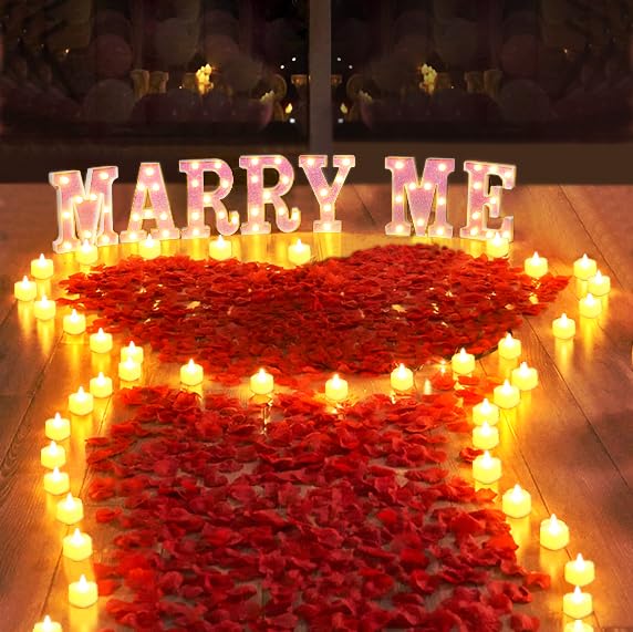 LAMATY Pink Marry Me Light Up Letters Proposal Decorations, 2031 Pcs Marry Me Sign with 24 Pcs Heart Flameless Candles 2000 Pcs Rose Petals