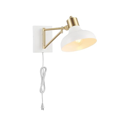 Globe Electric 51344 1-Light Plug-in or Hardwire Swing Arm Wall Sconce, White, Brass Accents, White-Cloth Cord, Mounted Bedside Lamp, Kitchen Sconces