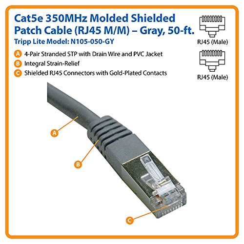 TRIPP LITE Cat5e 350MHz Molded Shielded Patch Cable STP (RJ45 M/M), Gray, 50-ft.(N105-050-GY)
