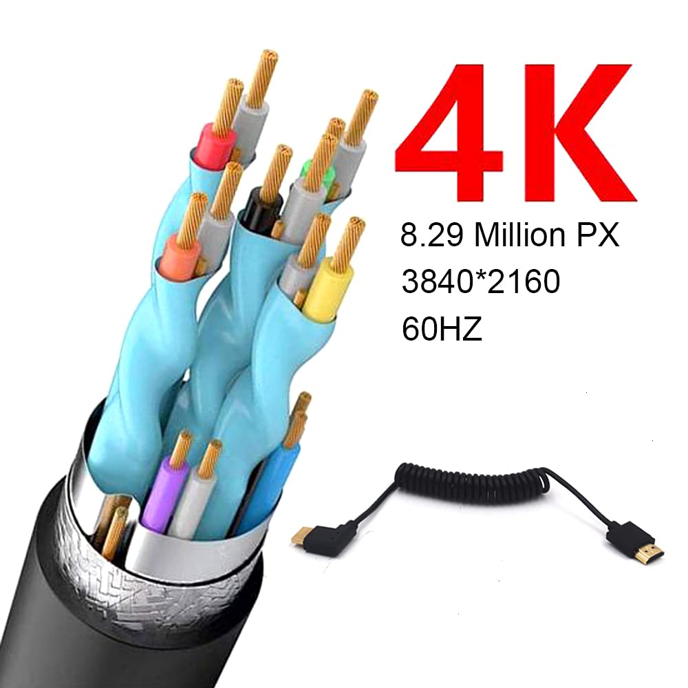 Kework 3.9ft HDMI 4K@60Hz Coiled Cable, Right Angle HDMI 2.0 Version Male to Male Adapter Spring Spiral Cord, 18Gbps High Speed, High Definition