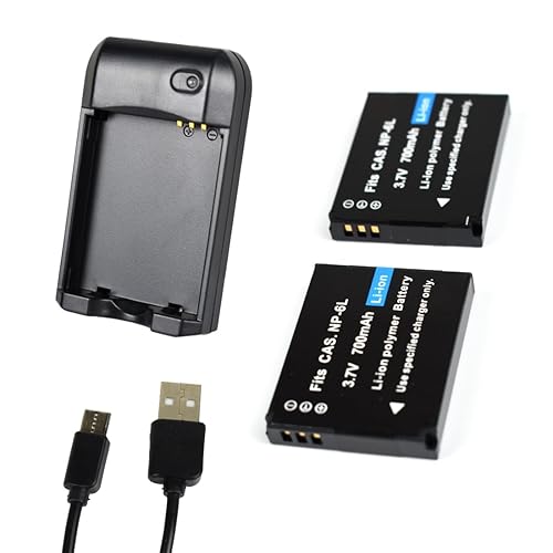 KOQINVIZ NP-6L Battery Charger + 2 pcs Rechargeable 3.7V 700mAh Batteries - Digital Camera Battery for CAS. NP-6L with Travel Charger and USB Charging