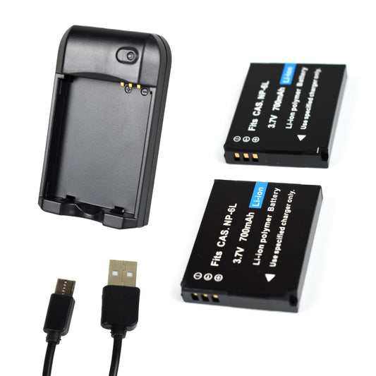 KOQINVIZ NP-6L Battery Charger + 2 pcs Rechargeable 3.7V 700mAh Batteries - Digital Camera Battery for CAS. NP-6L with Travel Charger and USB Charging