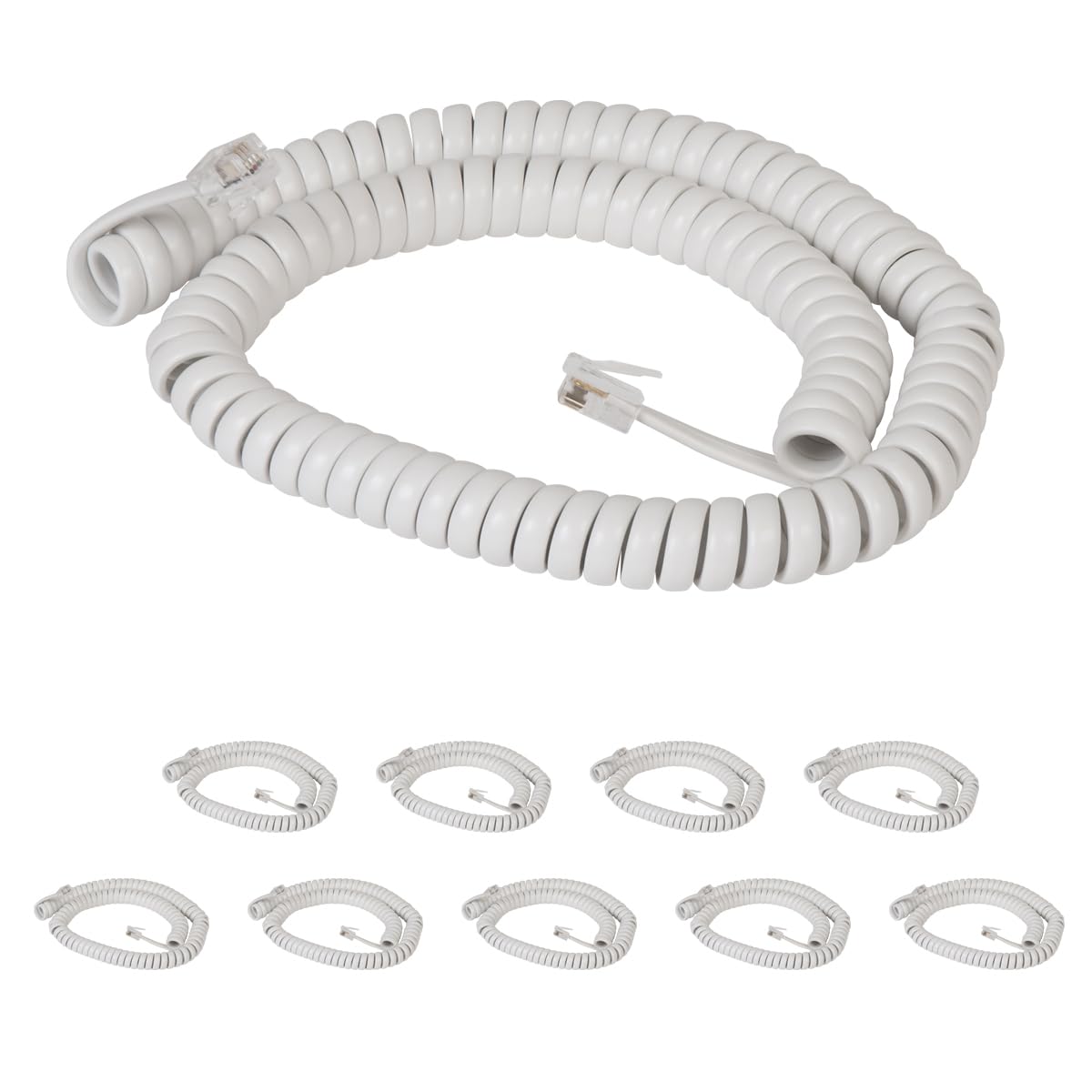ICC Telephone Handset Cord/Phone Cord, 12 Ft - RJ9 (RJ22) Connectors, White, 10-Pack - Curly Coiled Tangle-Free Design for PBX & VoIP Phones
