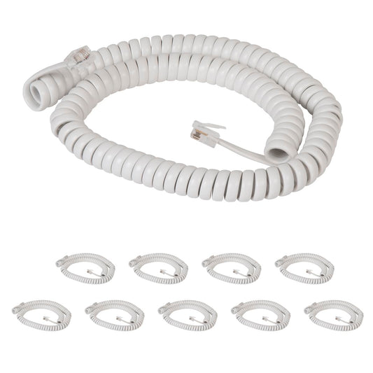 ICC Telephone Handset Cord/Phone Cord, 12 Ft - RJ9 (RJ22) Connectors, White, 10-Pack - Curly Coiled Tangle-Free Design for PBX & VoIP Phones
