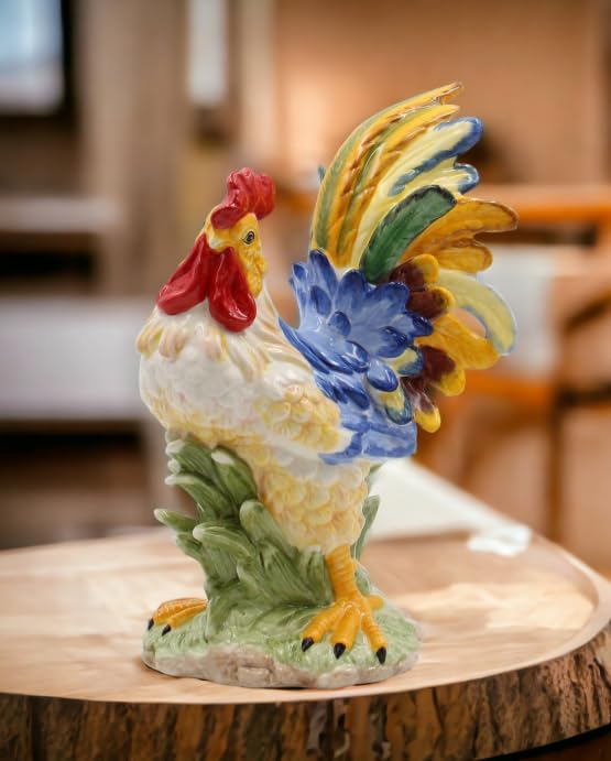 Fine Ceramic Colorful Country Rooster Figurine Multi Colors, 10 7/8" H