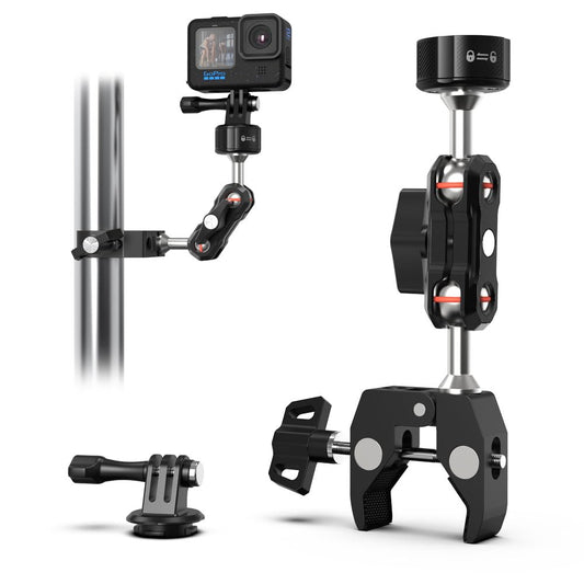 SUREWO Super Camera Clamp Mount,Super Clamp Mount with Dual Ballhead Magic Arm Compatible with Gopro Hero 13,12,11,10,9,8,7,6,5, Insta360 X4/3/2, DJI