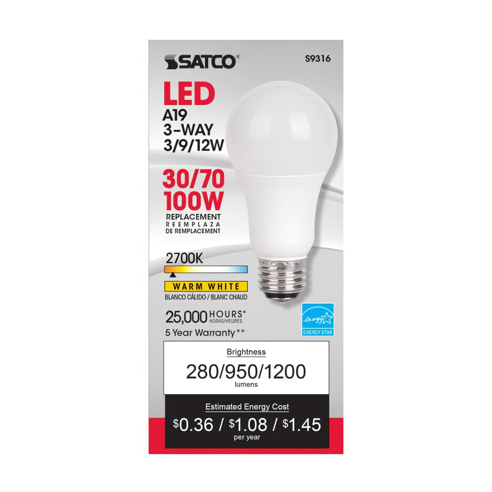 Satco 30W/70W/100W Equivalent Warm White A19 Medium Double Contact 3-Way LED Light Bulb - 1 Each