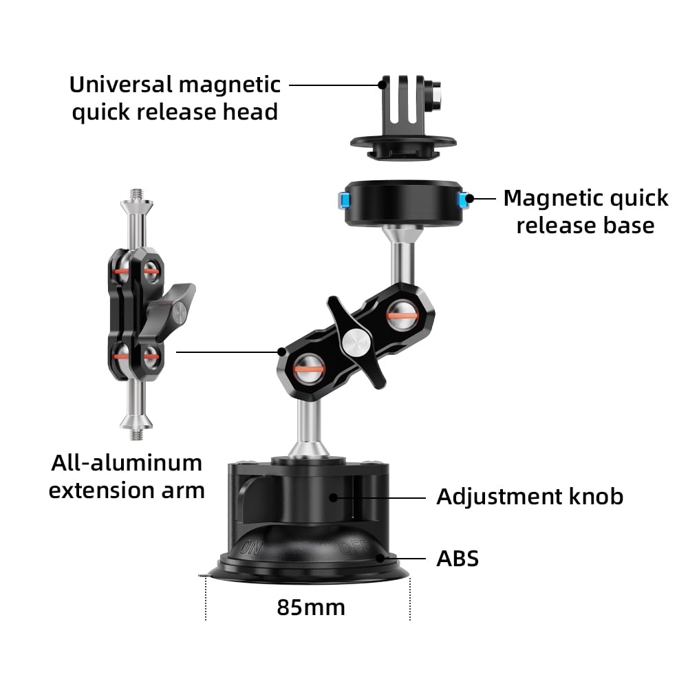 SUREWO Magnetic Quick Release Suction Cup Car Mount for GoPro,Powerful Car Suction Cup Camera Mount with Metal Extension Arm Compatible with GoPro