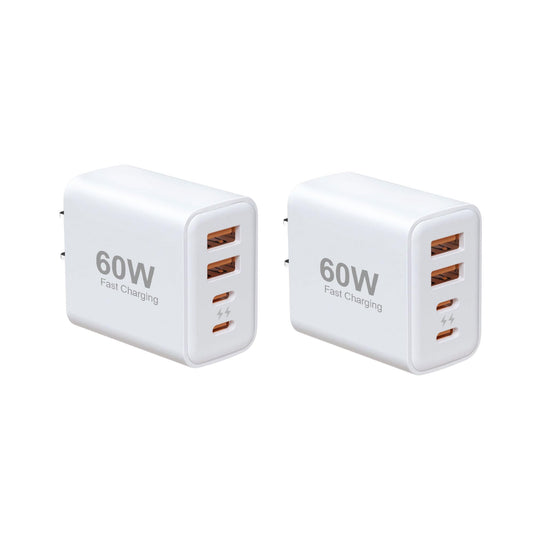 60W Fast Charging Block 2Pack, 4-Port(2A+2C) USB C Wall Charger, Compact Multiport Power Adapter for iPhone 17/16/15/14, Travel & Home Use
