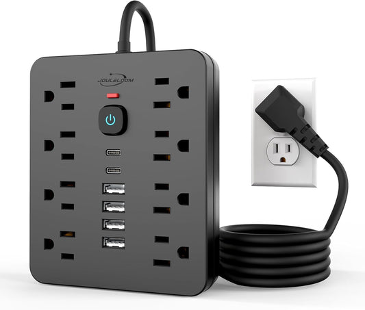 JouleLoom Power Strip Surge Protector with 8 Outlets, 4 USB and 2 USB C Ports, 5 Ft Extension Cord, Flat Plug, Wall Mount, Overload Protection Desk