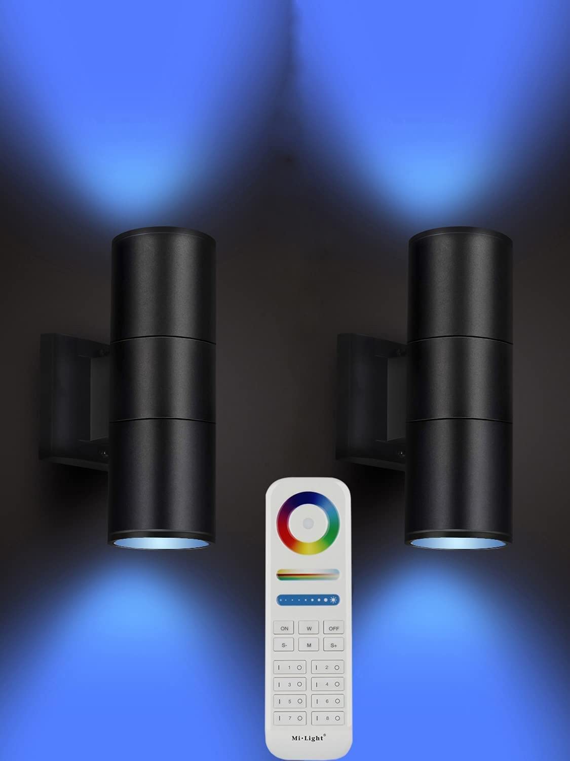 iYogaled Exterior Double Up Down Outdoor Wall Lights, Mi.Light Remote Control RGB Color Changing 1200lm Warm White 3000k RGB+CCT Cylinder Outdoor Wall