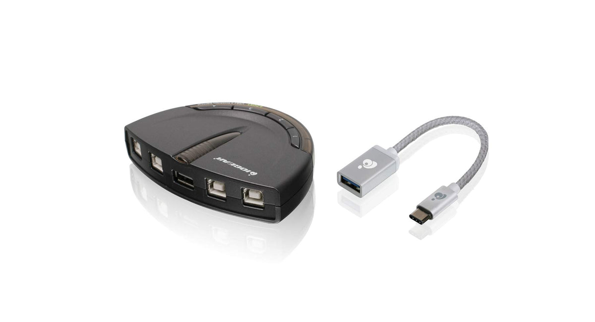 IOGEAR 4 Port USB 2.0 Switch - Auto Printer Switch - USB-A to USB-C Adapter Kit - Manually or Auto Control - LEDs Indicate - Plug N Play