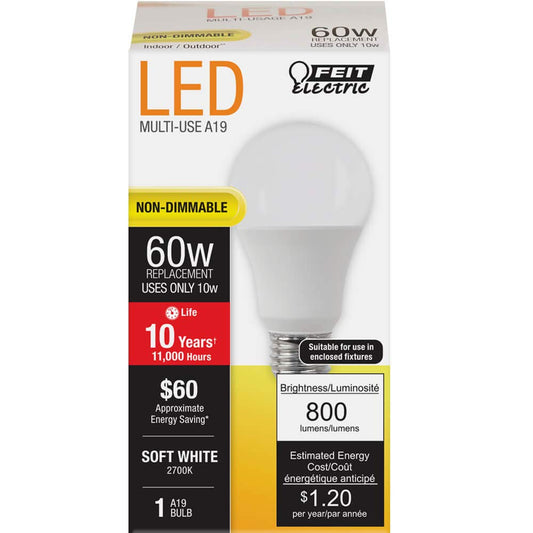 Feit Electric A19 LED Light Bulb, 60W Equivalent, E26 Medium Base, 800 Lumens, 2700K Soft White, Non-Dimmable Standard Light Bulb, 10,000-Hour