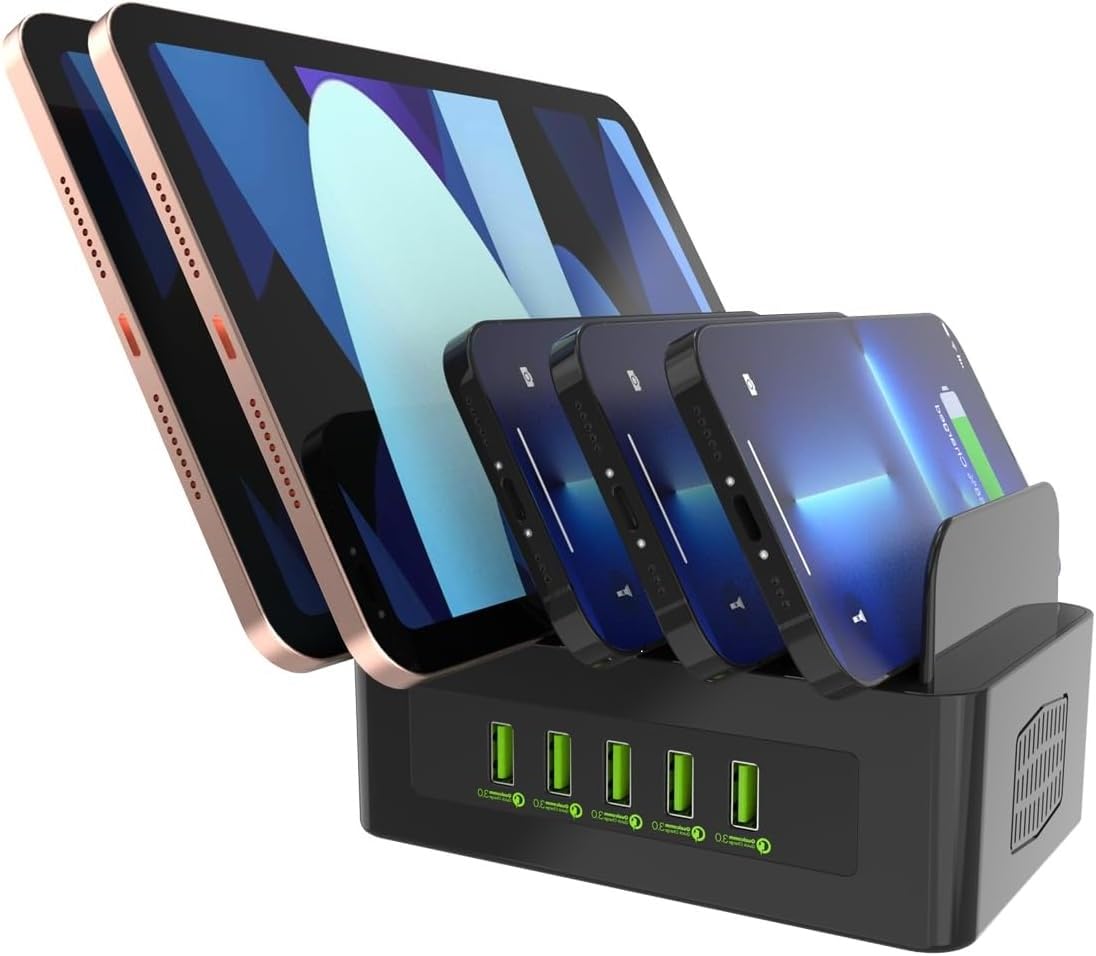 Qvouaw Multi Fast Charging Station,with 5 USB QC 3.0 Port,5V3A 12V1.5A?18W? 5-Port USB Charger for Multiple Device with SmartIC Tech Stand Compatible