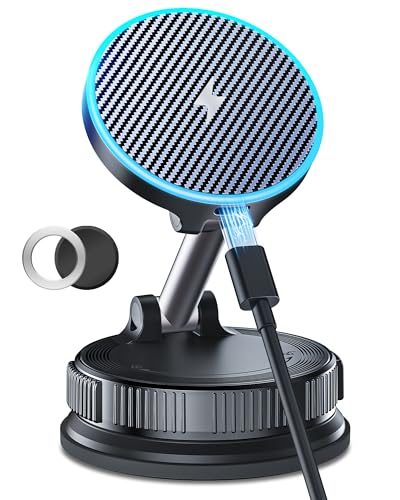 15W MagSafe Car Mount Charger, Magnetic Wireless Car Charger with Vacuum Suction Cup & Nano Adhesive Base, 360° Rotatable Strong Hold Car Phone Mount