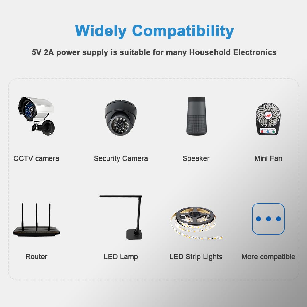 5V 2A Power Supply Adapter 5V 2A Power Supply 100V-240V AC Power Adapter Wall Charger for CCTV Cameras, Routers, Modems, Clocks, Printers, LED…