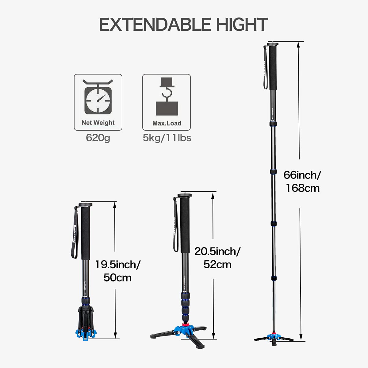 Koolehaoda Camera Monopod Stand 65inch Extendable Aluminum Monopod with Folding Tripod Support Base for DSLR Canon Nikon Sony Video Camcorder, Maximum