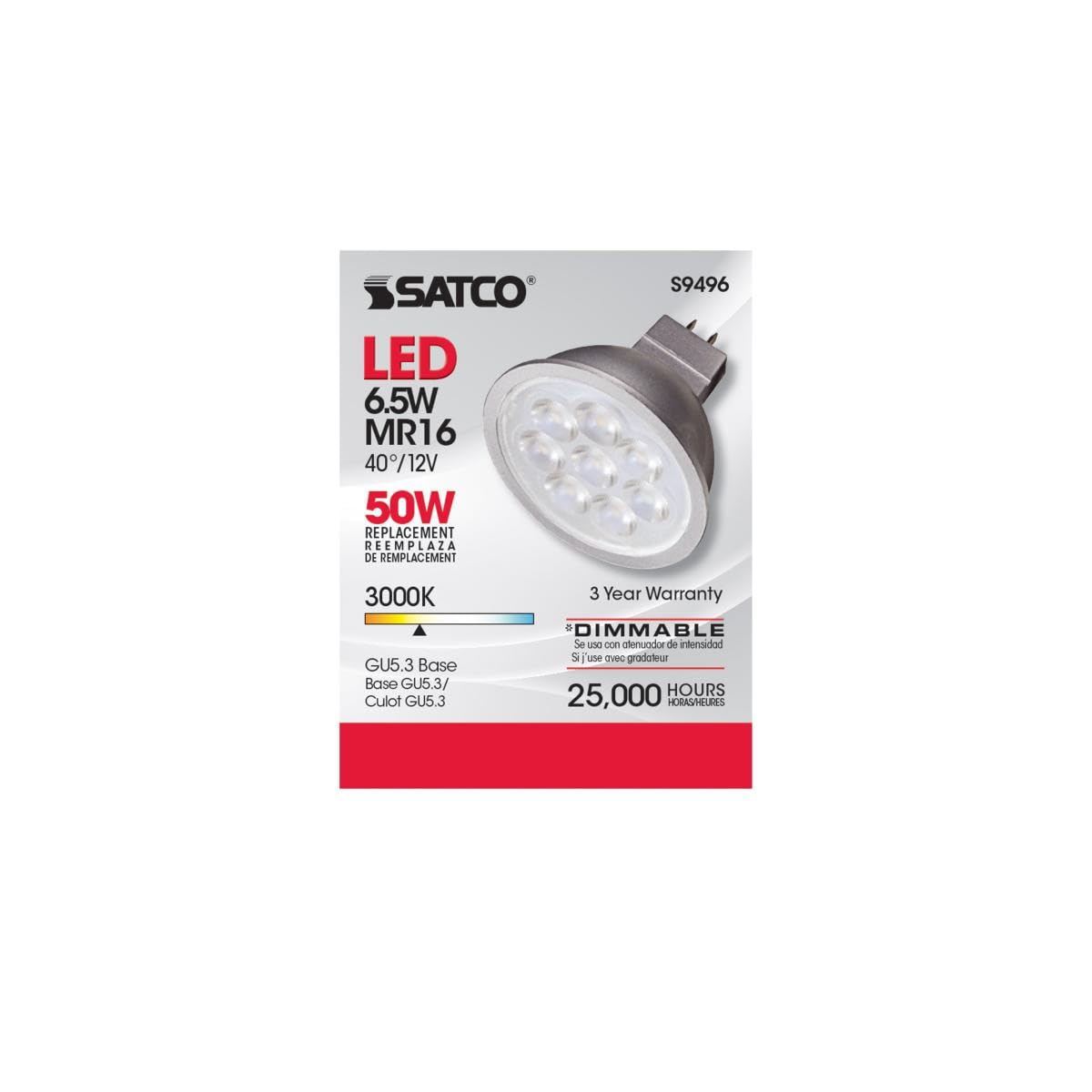 Satco Lighting 6.5 Watt Dimmable MR16 Low Voltage LED Light Bulbs - 3000K Soft White - 40 Degree Beam Angle - GU5.3 Base - 12 Volt AC/DC - 6 Pack
