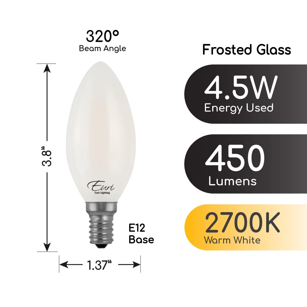 Euri Lighting VB10-3020ef-4, Dimmable LED B10 Filament, 4.5W (40W Equiv) 450lm, 80 CRI, Warm White (2700K),E12, 120V Wet Rated UL Energy Star 3YR 15K