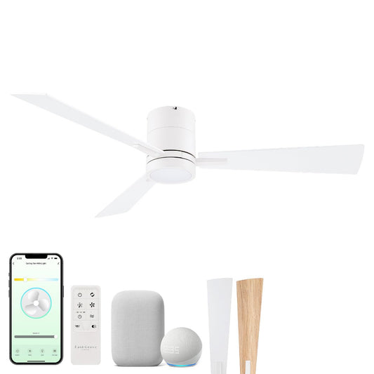 Bali 52in 3-Blade Smart Indoor or Outdoor Flush Mount Ceiling Fan 2700K-6000K CCT Tunable Range LED Light Kit in Matte White with Reversible White