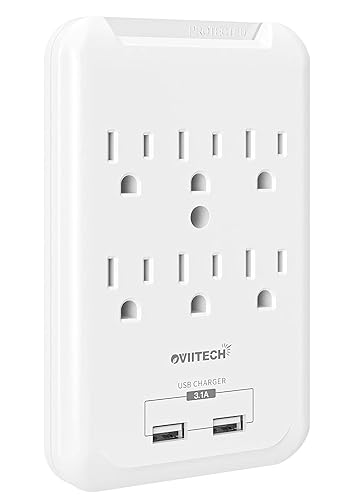 OviiTech Multi-Function Wall Mount Adapter, Surge Protector Charging Station, Dual 3.1AMP USB Charging Ports,6 AC Socket Outlet Plugs,White