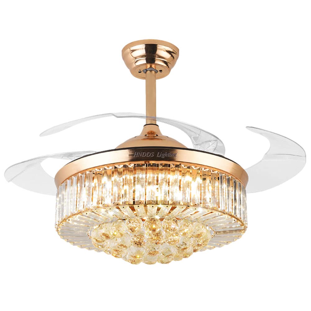 HNDDS Lighting 42" Crystal Ceiling Fan Chandelier with Remote,Retractable Blade Ceiling Fan with Lights,Modern LED Fandelier with Fixture Kits 3-Color