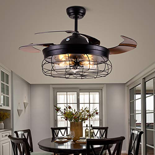 42'' Ceiling Fans light Invisible Retractable Blades Farmhouse Industrial Pendant Lamp Chandelier Remote Control for Living room, Bedroom, Dining