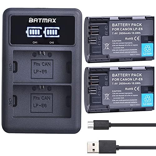Batmax 2Pcs 2650mAh LP-E6 LP-E6N Battery + LED Dual Charger for Canon EOS R, R5, R6, Ra, XC10, XC15, 5D Mark II/III/IV, 5DS, 5DS R, 6D, 6D Mark II