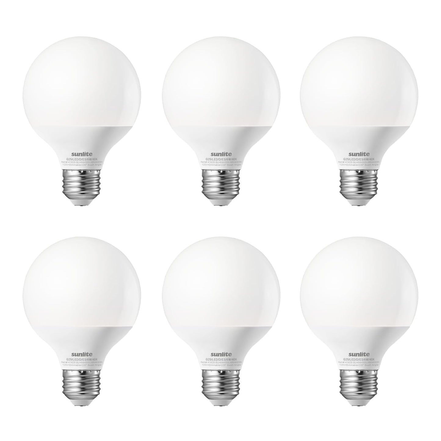 Sunlite G25 Globe Light Bulbs, 6W (60W Equi.), Medium E26 Base, 500 Lmns, Dimmable Round Type G Vanity LED Bulb, Frosted, 90 CRI, Title-20 Compliant