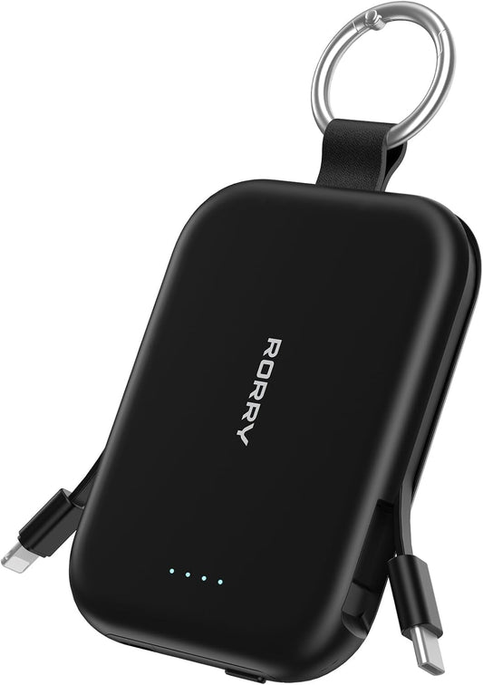 RORRY CharmGo Portable Charger, 5000mAh Portable Charger Power Bank with Built-in Cables, Travel Keychain Charger Battery Pack for iPhone