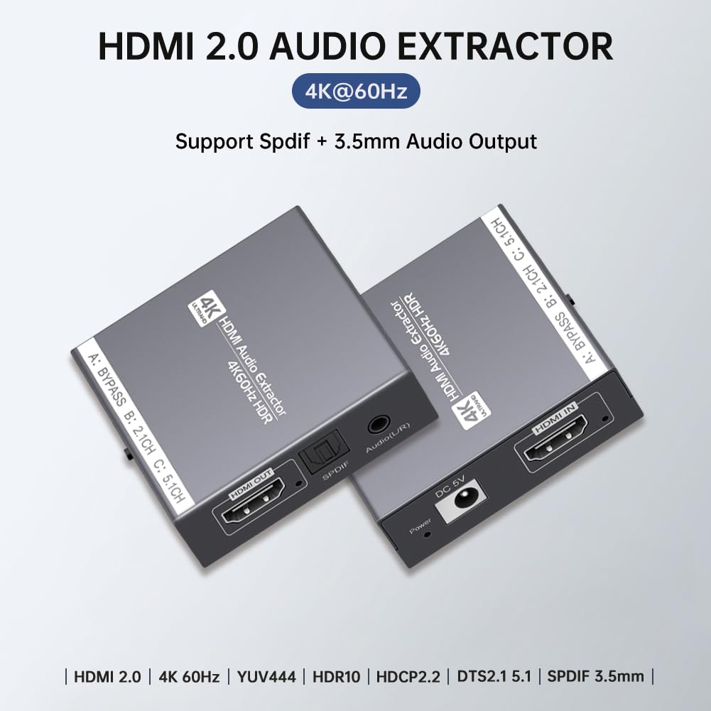 HDMI 2.0 Audio Extractor 4K 60Hz, HDMI to Optical and 3.5mm Audio Adapter for PS4/5, Fire Stick, Speakers, Headphones, Blu-ray Player