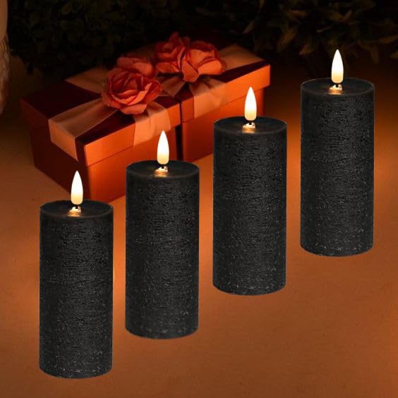 volnyus Black Flameless Candles Set of 2 (2.2x5 inch) Real Wax Flickering LED Candles Battery Operated with Remote Control Timers for Table