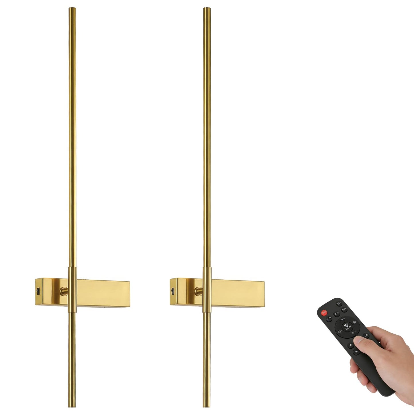 MKBNG 33 Inch Battery Operated Wall Sconce Set of 2, Antique Brass Rechargeable Wall Lights with Remote, 350° Rotatable LED Wireless Sconce, 3CCT