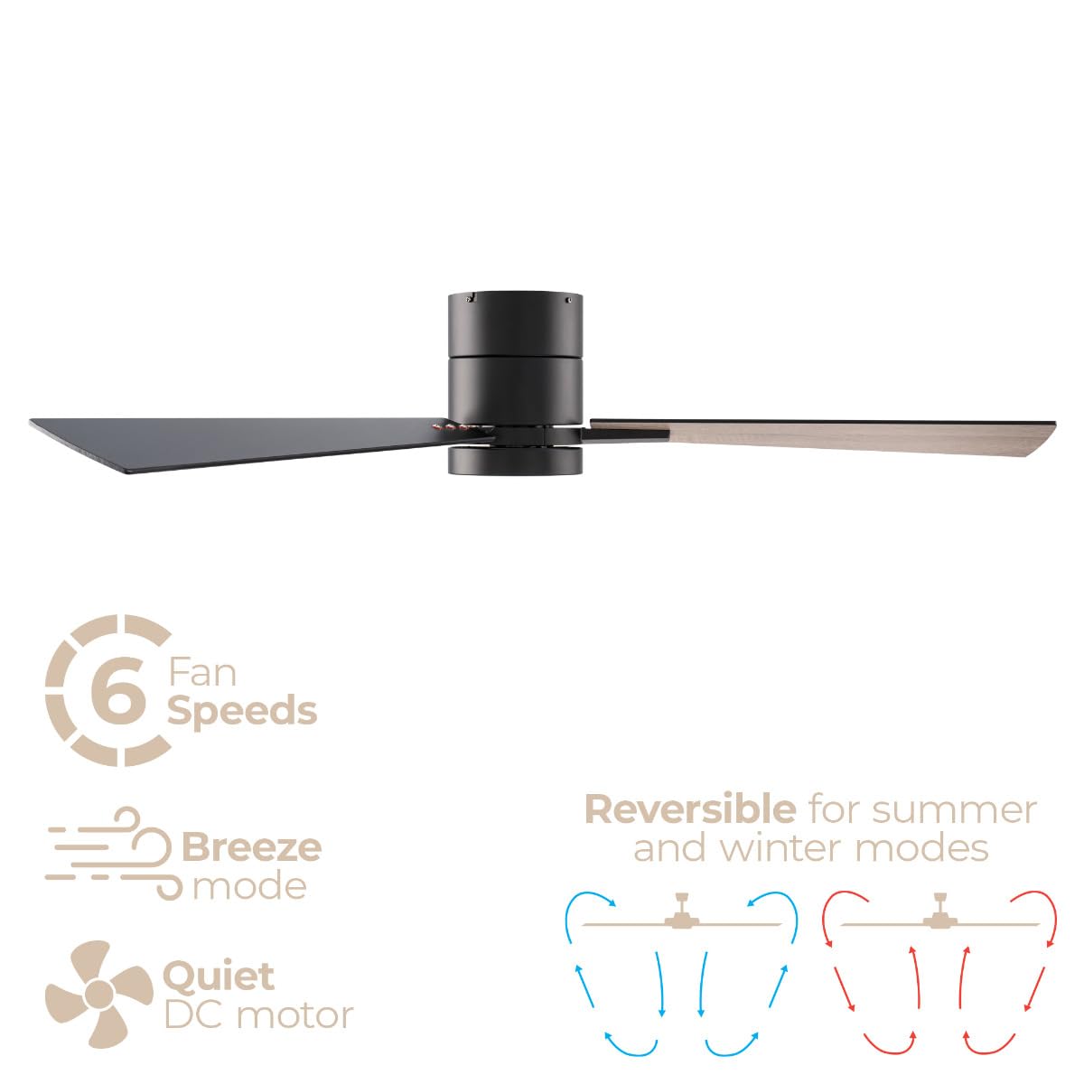 Bali 52in 3-Blade Smart Indoor or Outdoor Flush Mount Ceiling Fan 2700K-6000K CCT Tunable Range LED Light Kit in Matte Black with Reversible Black
