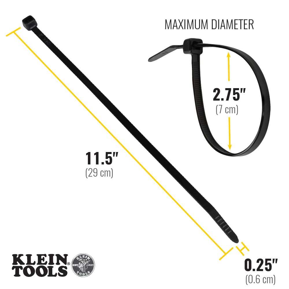 Klein Tools 450-210 Cable Ties, 50-Pound Tensile Strength, Heavy Duty Nylon Cable Zip Ties, Indoor/Outdoor Use, 11.5-Inch, Black, 100-Piece