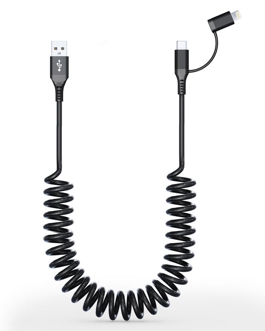 Coiled USB to USB C and Lightning Cable 2 in 1 - MFi iPhone 15/16 Car Charger Cord, 3A Fast Charging Cable for iPhone 16/15/14/13/12/X, Galaxy…