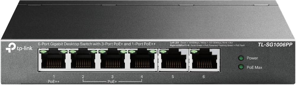 TP-Link TL-SG1006PP | 5 Port PoE Switch | 3 PoE+ and 1 PoE++ Ports @64W, w/ 2 Uplink Gigabit Ports | Sturdy Metal | Plug & Play | Extend Mode | PoE