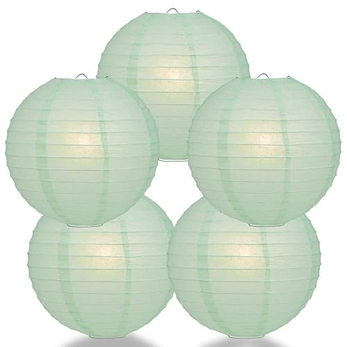PaperLanternStore.com (5-Pack) 12 Inch Cool Mint Green Round Paper Lantern, Even Ribbing, Hanging Decoration