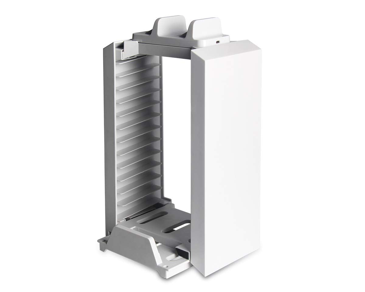 ElecGear Games Disk Tower, Vertical Stand, Dual Charger White Blu-ray DVD Disc Storage Organizer Holder, PS4 Controller Twin Charging Station